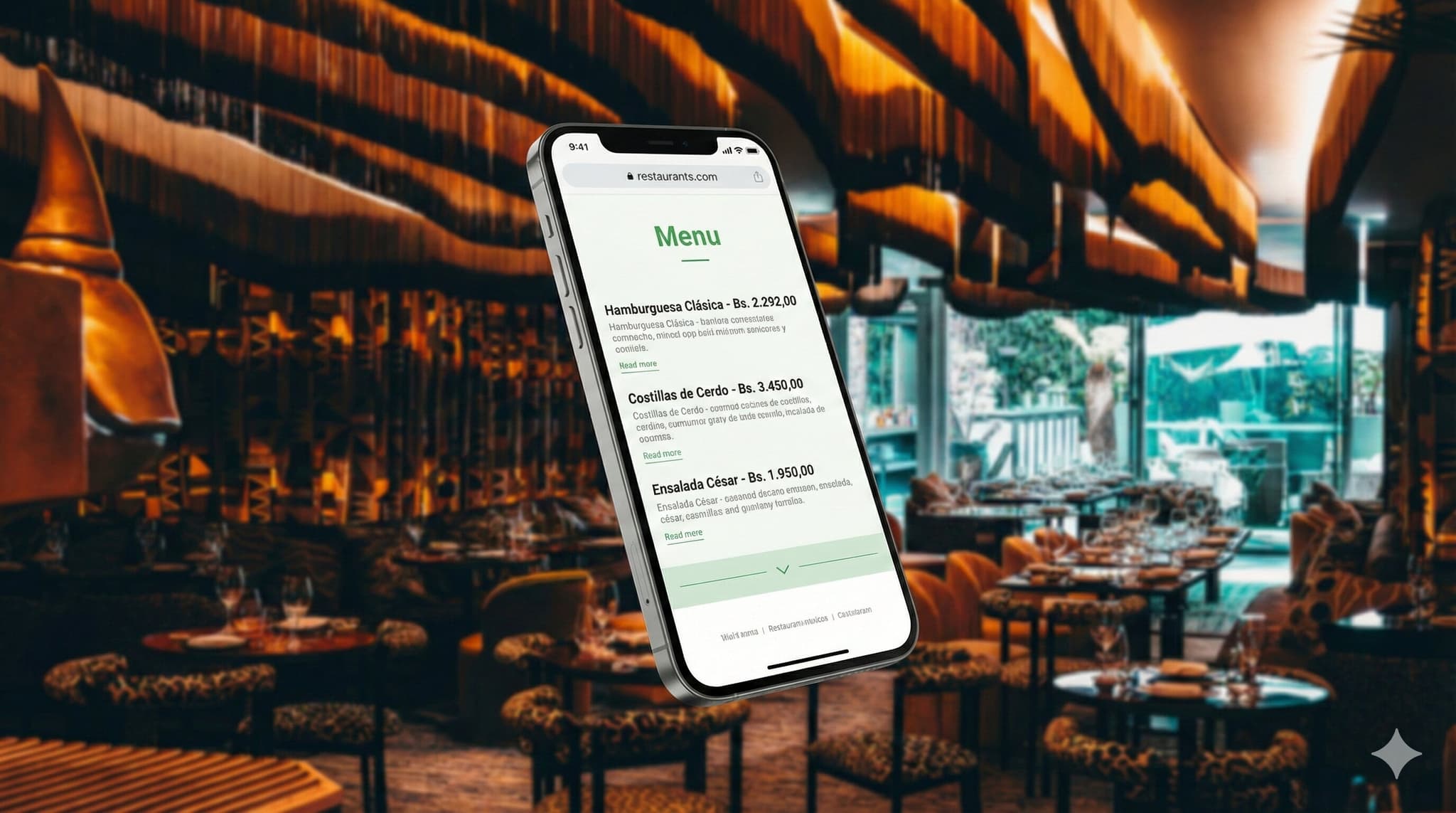 Teléfono mostrando un menú digital de restaurante con precios en Bolívares
