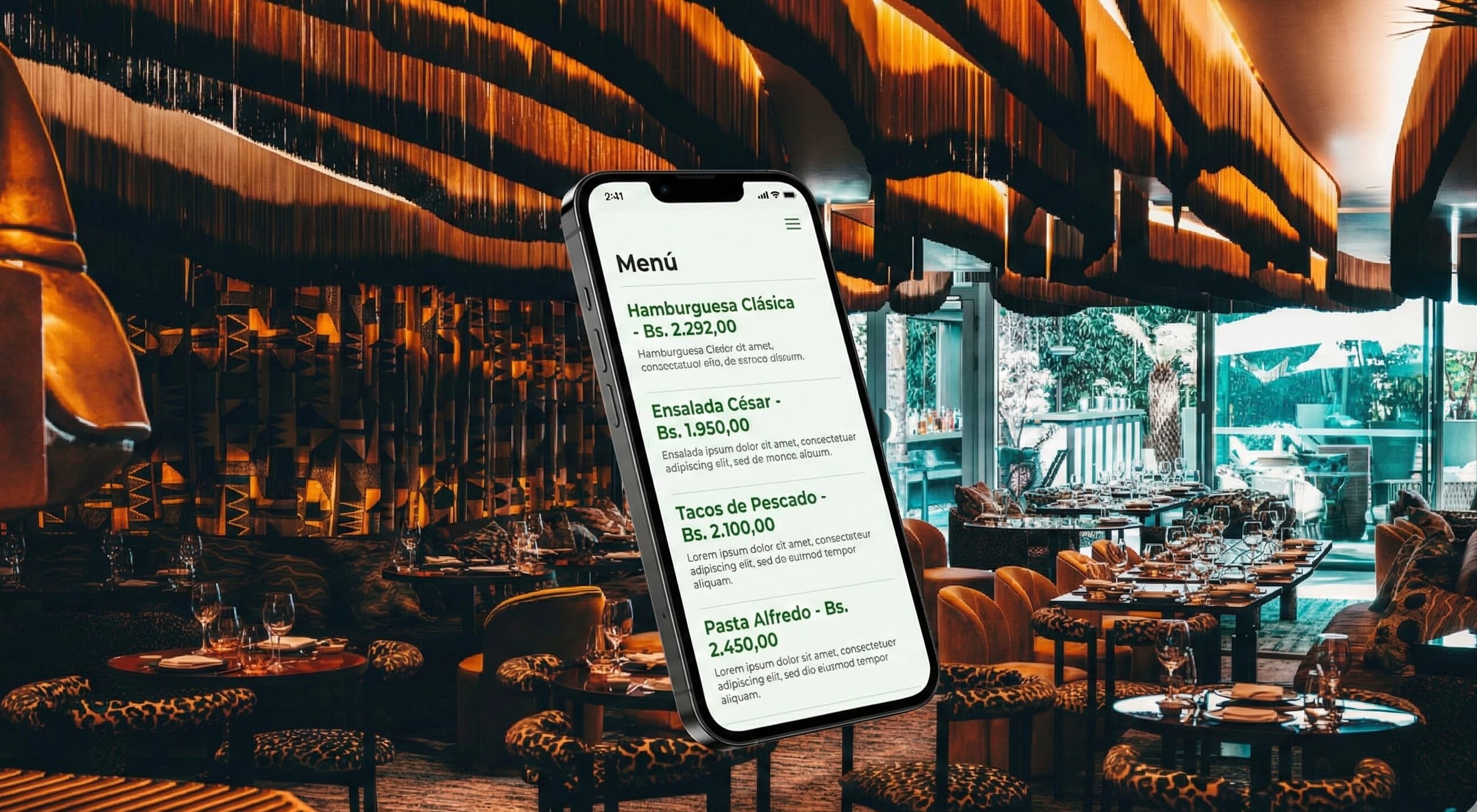 Teléfono mostrando un menú digital de restaurante con precios en Bolívares
